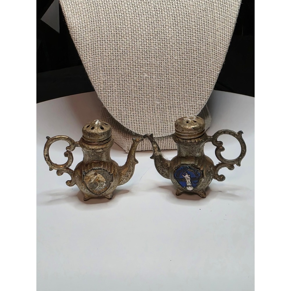 Vintage Teapot Salt and Pepper Shakers Silver Tone Metal Lighthouse Souvenir Set